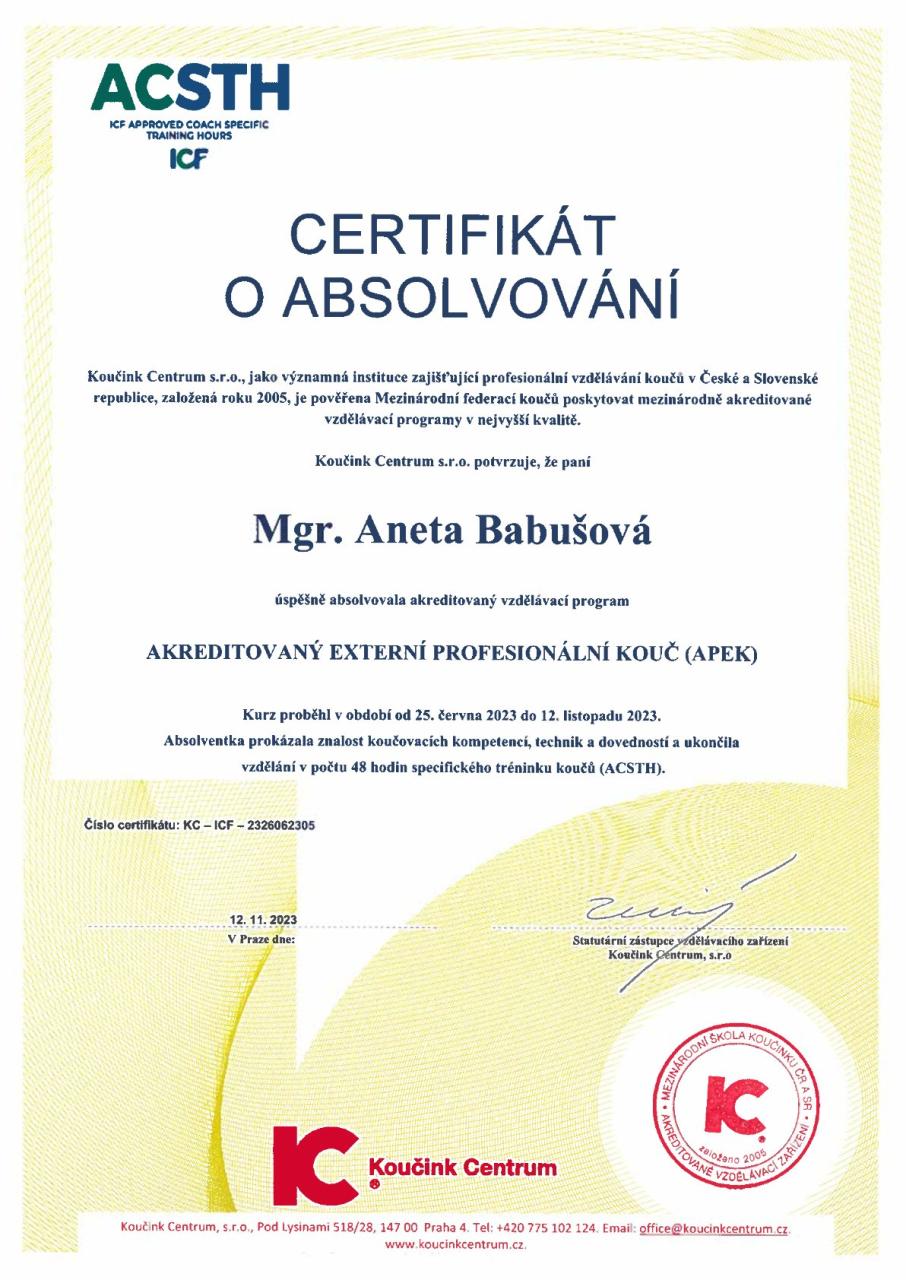 Certifikát o absolvovaní - Akreditovaný externý profesionálny kouč