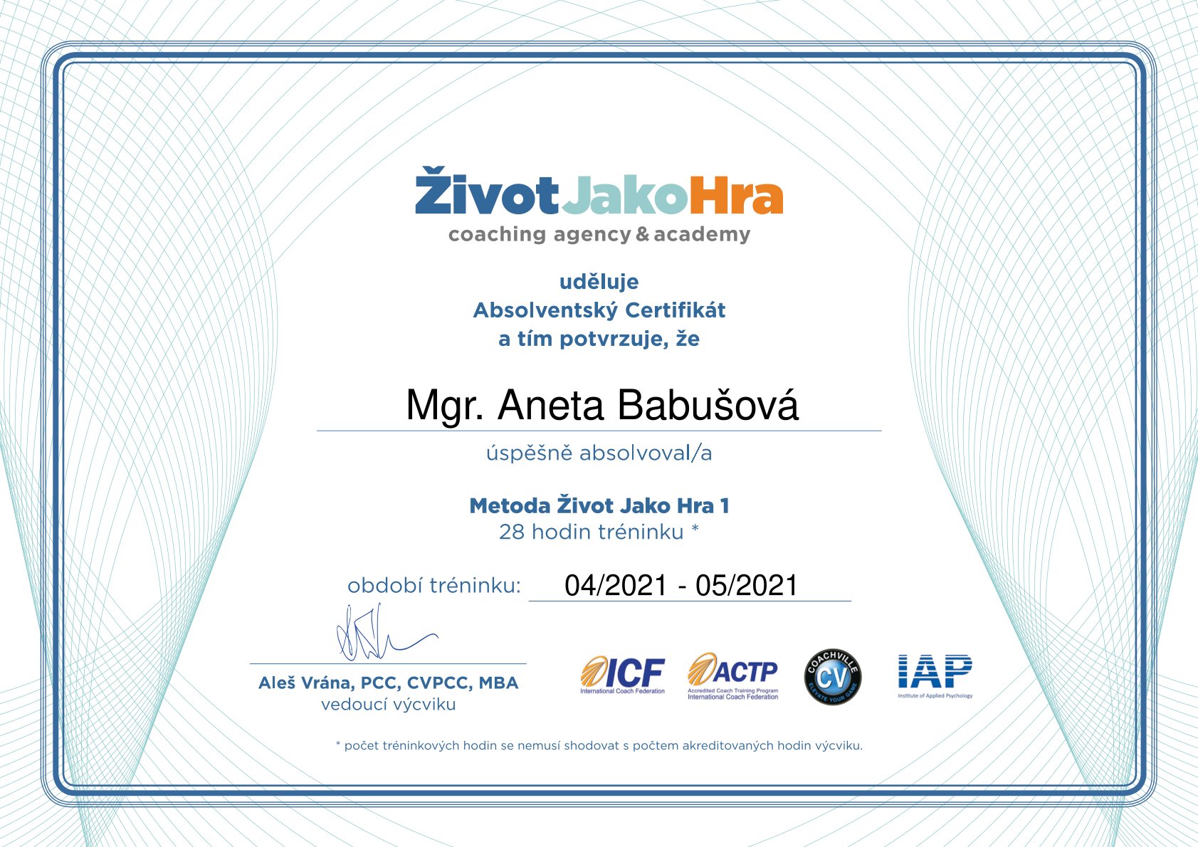 Certifikát Život ako Hra - Metóda Život ako Hra 1