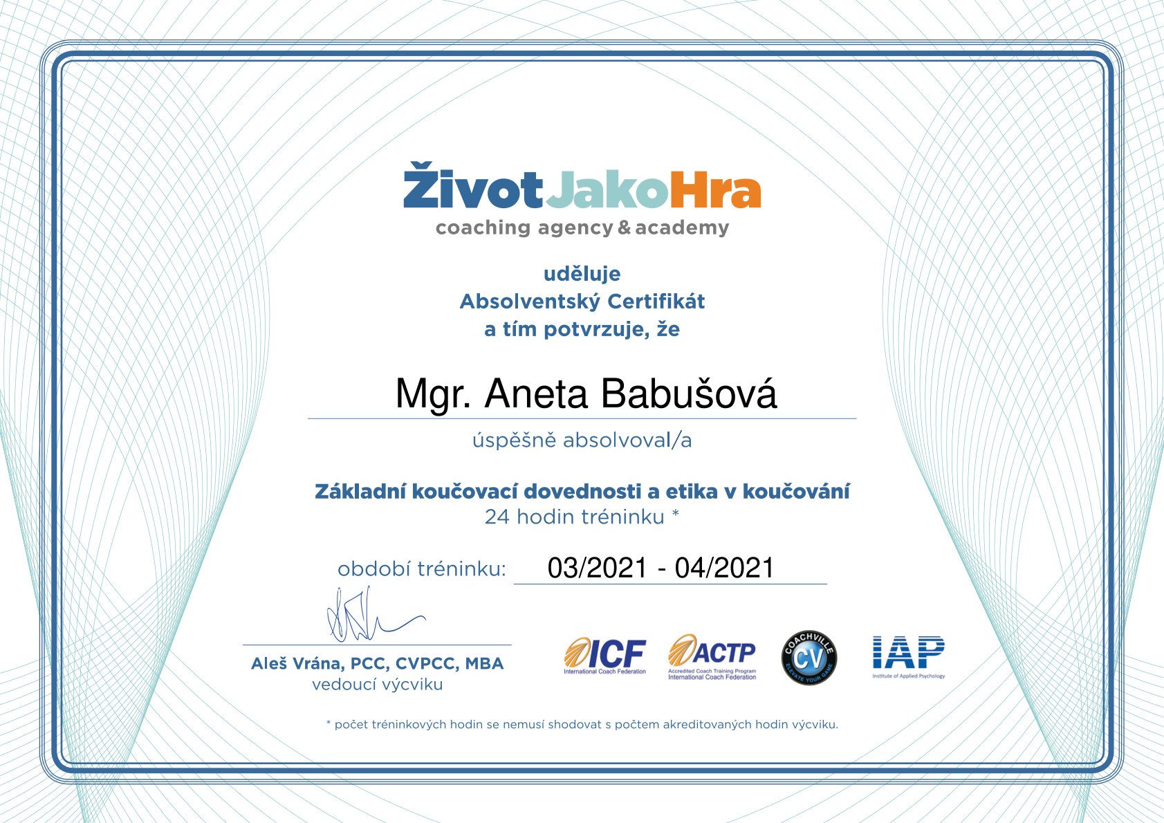 Certifikát Život ako Hra - Základné koučovacie zručnosti a etika v koučovaní
